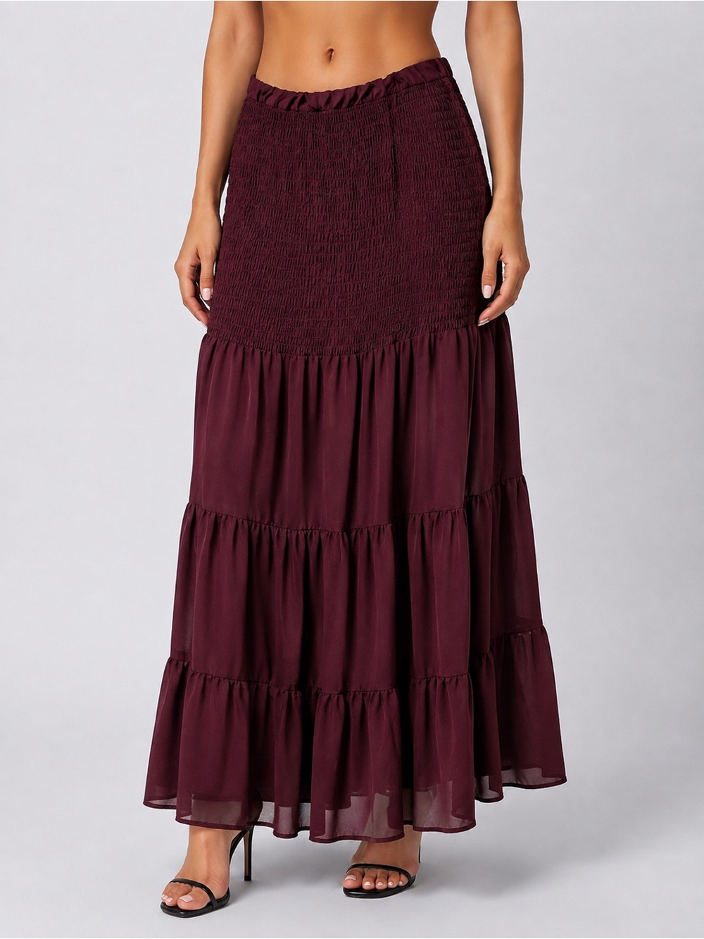 AKIRA Burgundy Smocked Tiered Maxi Skirt NWT S M L